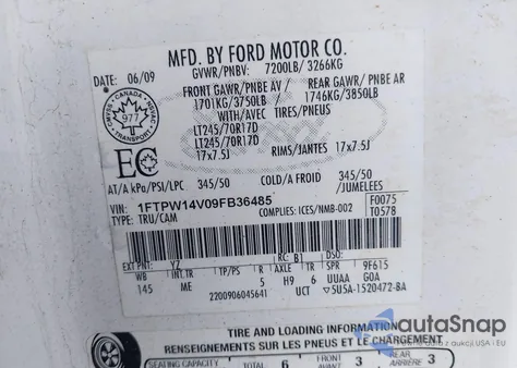 2009 Ford F150 Fx4/King Ranch/Lariat/Platinum/Xl/Xlt z USA, uszkodzony, nr VIN 1FTPW14V09FB36485